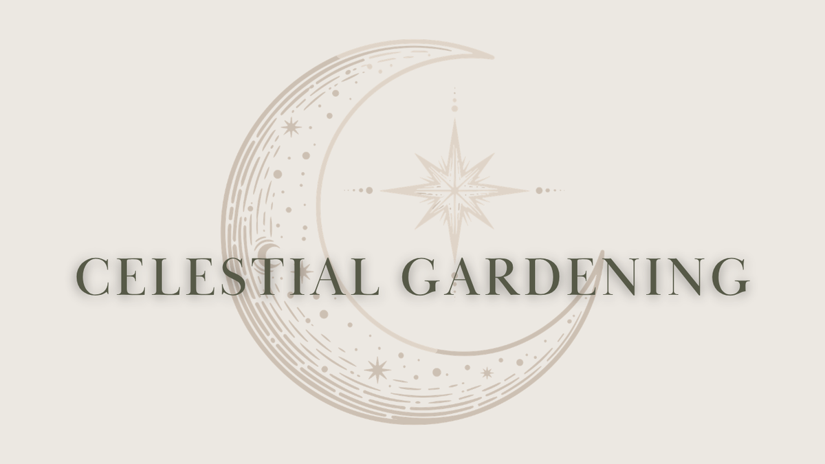 A minimalist logo featuring a crescent moon and star design with the text 'CELESTIAL GARDENING' in a serif font, centered on a warm cream background.
